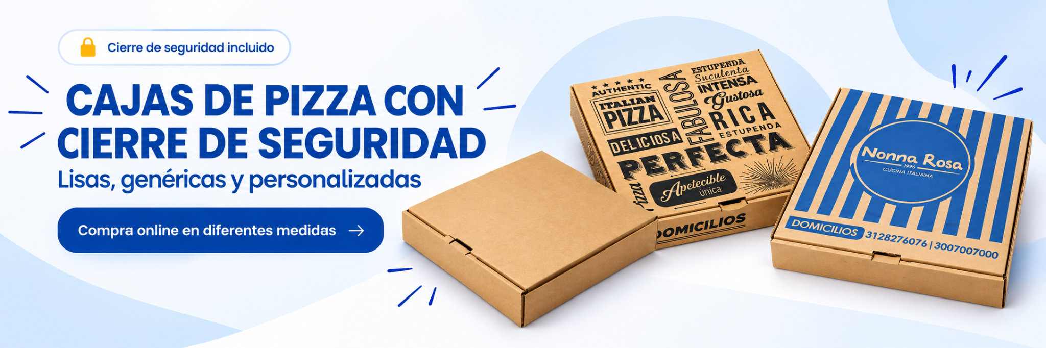 Cajas de pizza con cierre de seguridad, lisas, genéricas y personalizadas
