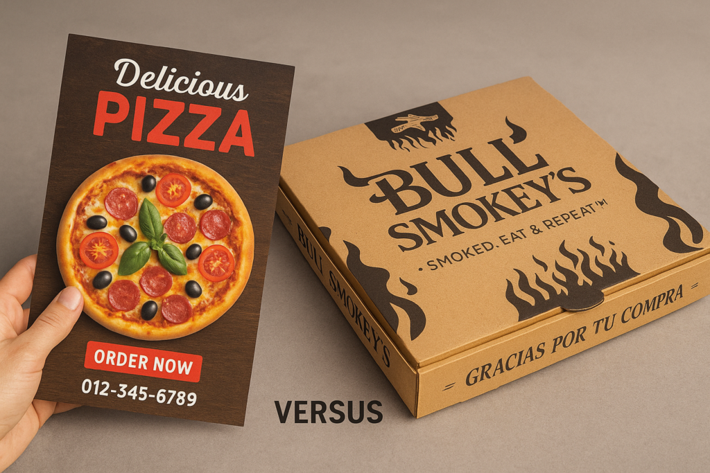 Caja de pizza personalizada utilizada como estrategia de publicidad para pizzerías