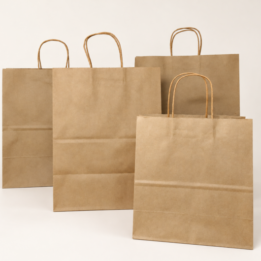 Cuatro bolsas de papel kraft sin impresión, con manigueta, en diferentes tamaños.