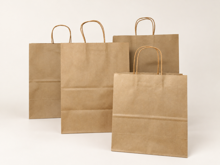 Cuatro bolsas de papel kraft sin impresión, con manigueta, en diferentes tamaños.
